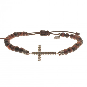 Bracelet Croix en corde de basse plate et pierres naturelles sur cordon Collection Rock & Relig